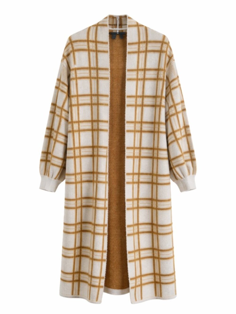 Lola B Long Plaid Cardigan Sweater Women’s Large Brown Cream Open Front